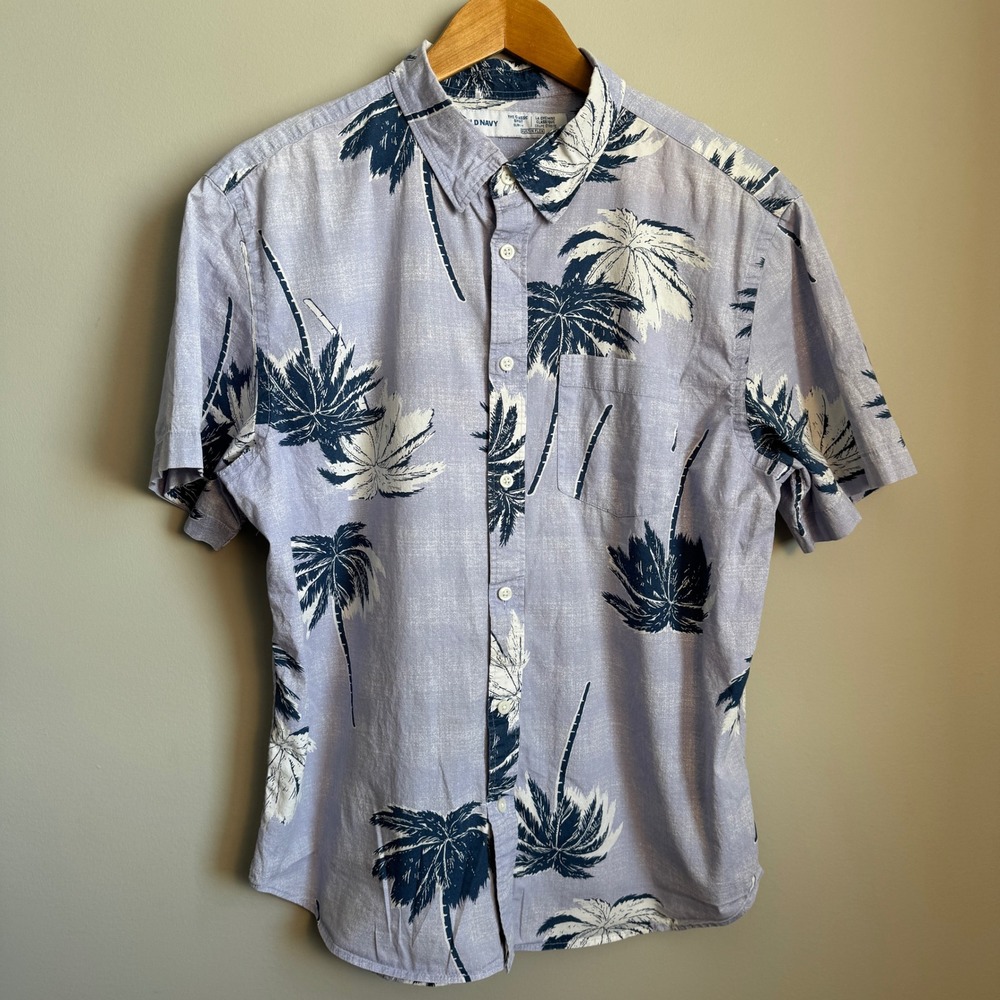 Old Navy Mens Palm Tree Built-In‎ Flex Slim Fit Short Sleeve Button Down Shirt L